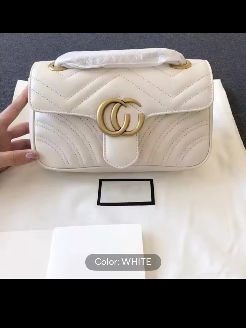 White Quilted Top-Handle Shoulder Bag with Gold Double Ring Hardware